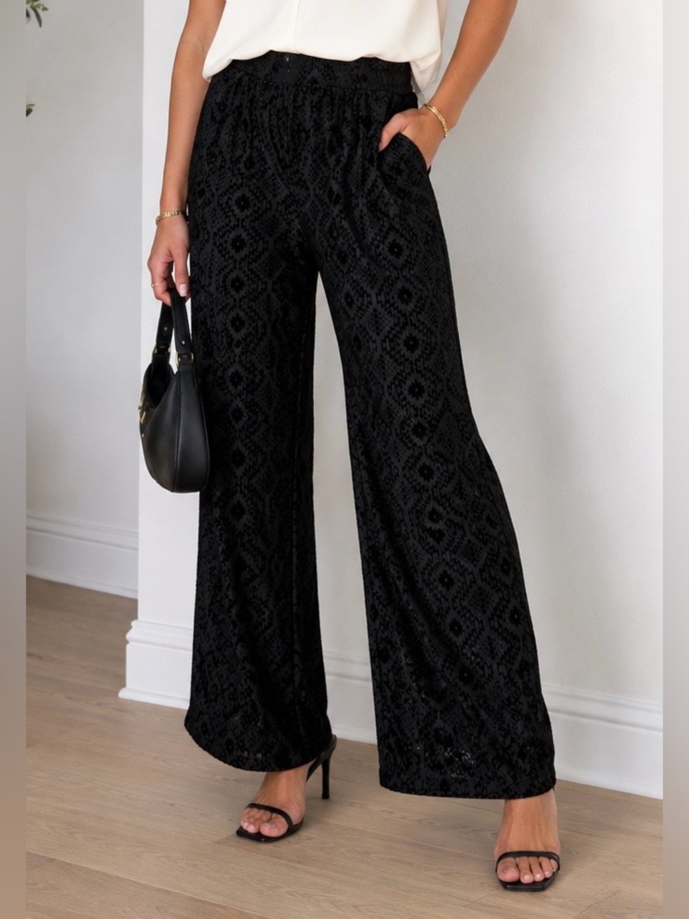 Marigold kiss elegant women’s Black Wide-Leg Textured Palazzo Pants flared NWT